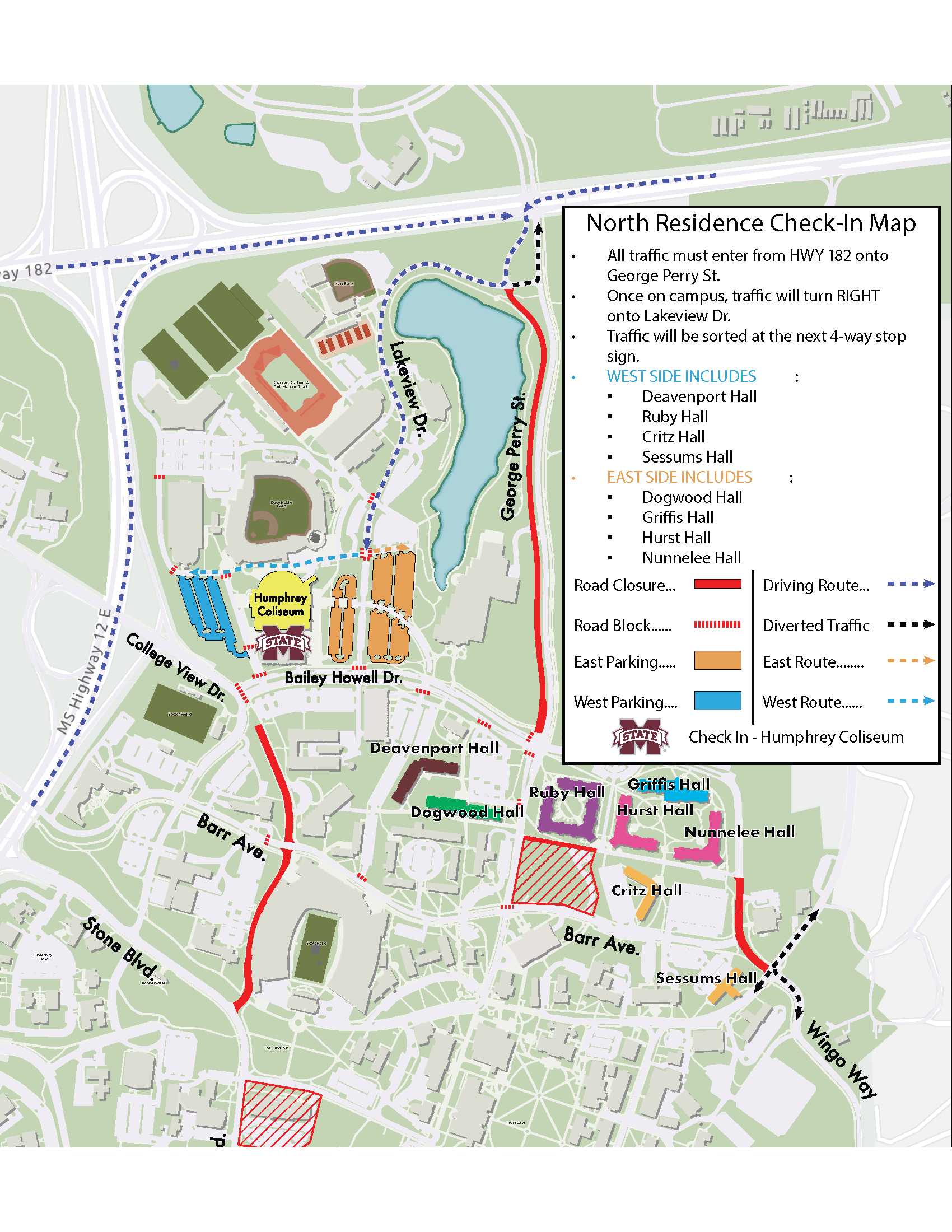 North Campus map of Mississippi State University showing traffic directions to North Campus Check-in.