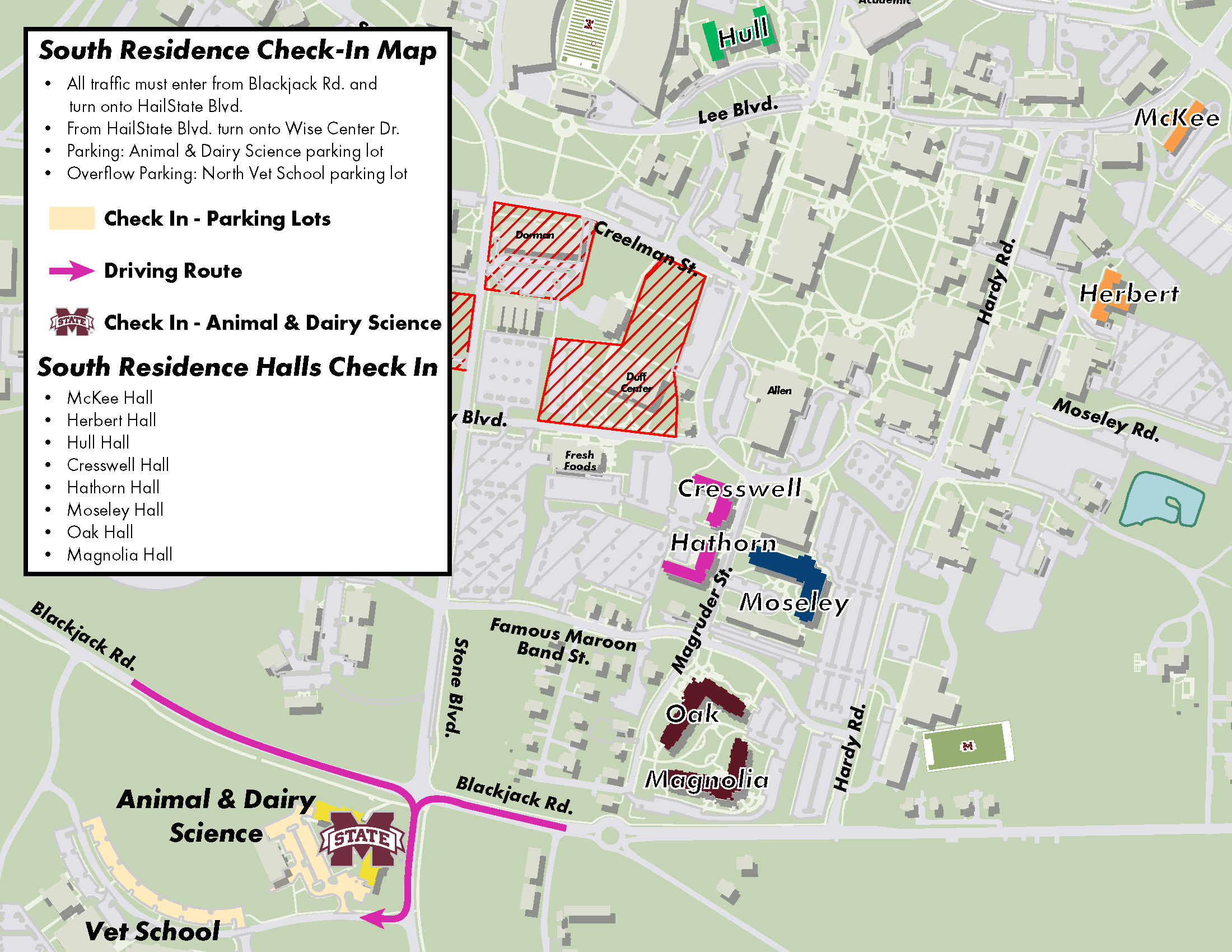 South Campus map of Mississippi State University showing traffic directions to South Campus Check-in.